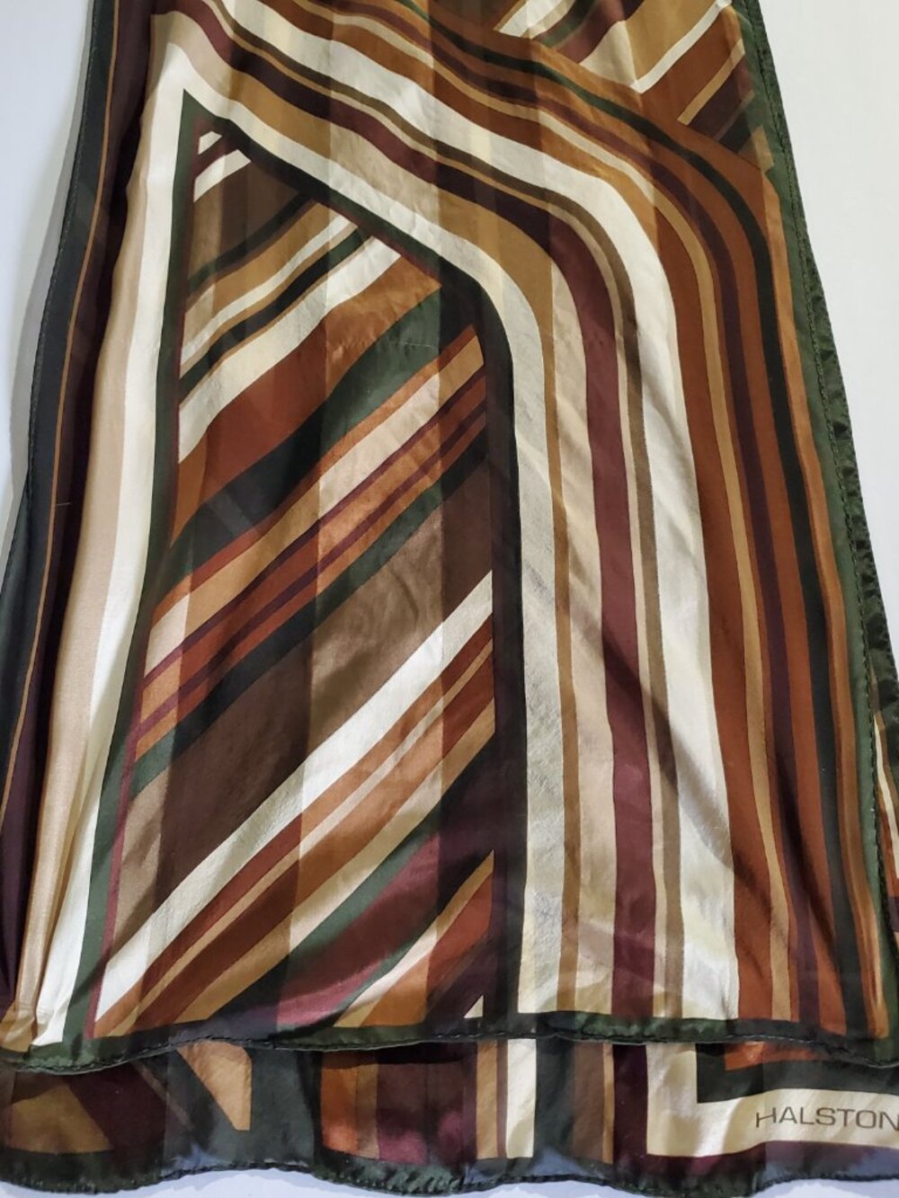 Vtg HALSTON RED Silk Scarf Geometric Stripe Brown Orange Cream Retro 60x13